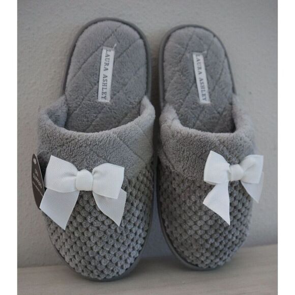 Laura Ashley Women's Sz Large (8-9) Gray Memory Foam Lounge Spa Slippers w/Bow - Picture 3 of 7